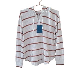 MARKET & SPRUCE Ivory Multi Stripe Soft Pocket Hooded Shirt Size L